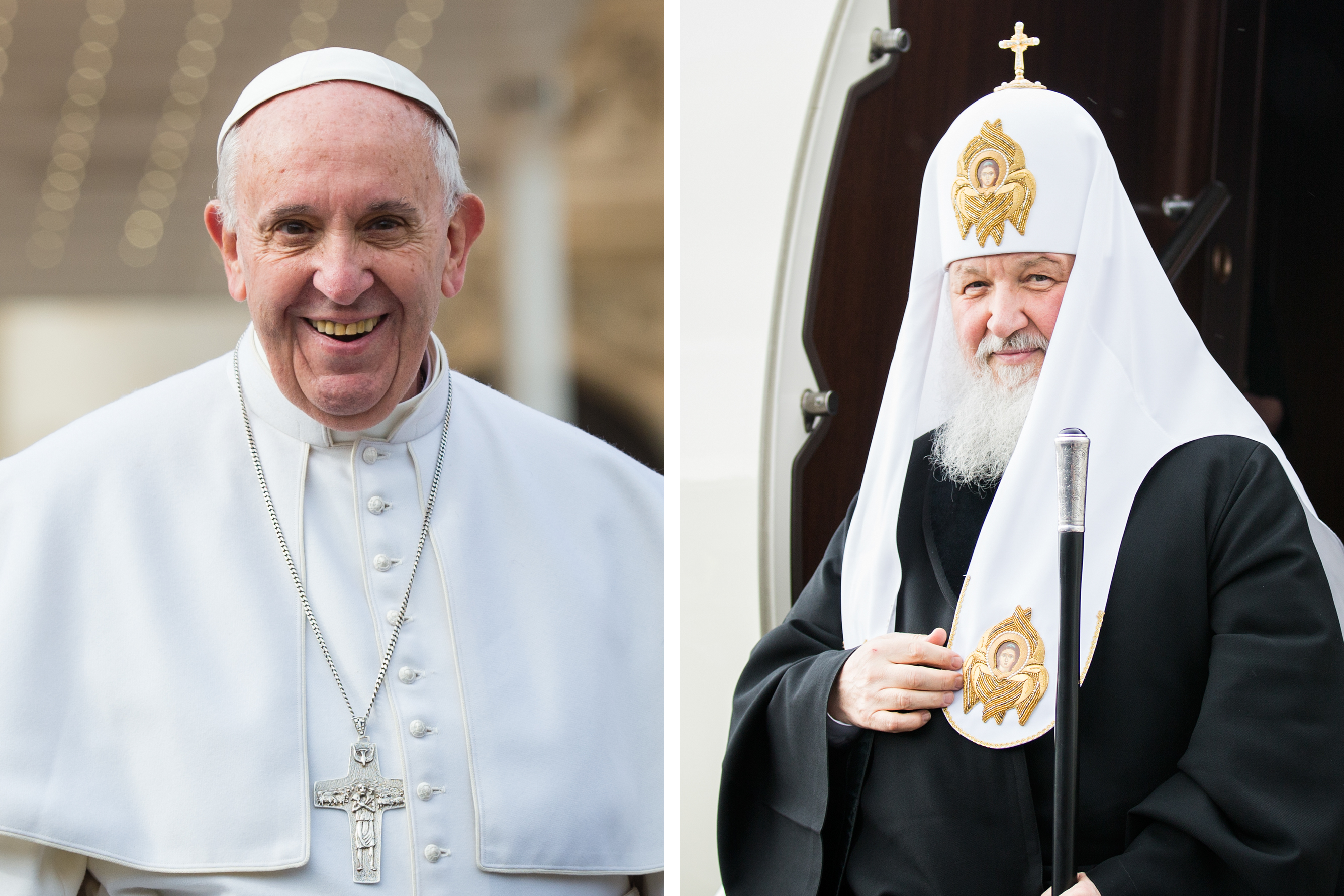 À gauche, le pape François, 79 ans né en Argentine, à la tête d'une Église de 1,2 milliard de catholiques. À droite, le patriarche Cyrille, 69 ans, né en Russie, à la tête d'une Église de 165 millions d'orthodoxes russes