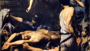Saint Martin and his friend Prose were convicted of being accomplices in the escape of Saint Peter and Saint Paul, when they were their jailers.  Their faces are bruised, subjected to rack, whip, beating, fire, and scorpions before they are beheaded.  © Valentin de Boulogne (1591–1632) French artist, considered one of the most skilled painters after Caravaggio.  He received prestigious orders, from some popes but also from Louis XIV or Mazarin.  / Pinacoteca Vaticana
