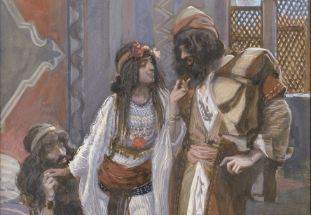 Jos 2, 1-21 / Jos 6, 22-25. Après la mort de Moïse, c&#8217;est à Josué que revient la charge de faire entrer le peuple d&#8217;Israël en Terre promise. Pour ce faire, il envoie deux espions à Jéricho. Ceux-ci sont hébergés par Rahab, une prostituée qui les protège des hommes du roi de Jéricho. Elle obtient en échange la protection de sa famille et de toute sa tribu. Malgré sa non-appartenance au peuple d&#8217;Israël elle professe sa foi en Dieu aux deux espions de Josué : &#8220;Devant vous, chacun perd le souffle, car le Seigneur votre Dieu est Dieu là-haut dans les cieux, et en bas sur la terre.&#8221; James Tissot, La prostituée de Jéricho et les deux espions, 1902 Jewish Museum, New York © Wikimédia