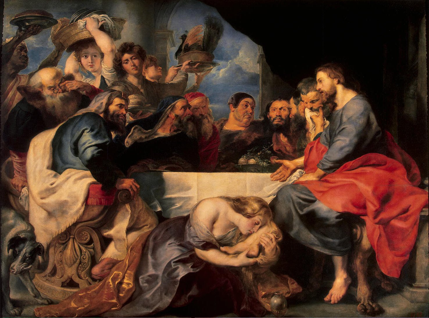 Luc 7, 36-50. L&#8217;épisode de la pécheresse repentante est l&#8217;un des plus célèbres du nouveau testament. Jésus est invité à prendre le repas chez un Pharisien. Entre alors une femme en pleurs, qui verse du parfum sur ses pieds et les lave avec ses cheveux, en les couvrant de baisers. Alors que le Pharisien tente de la faire sortir Jésus déclare : &#8220;Tu n&#8217;as pas fait d&#8217;onction sur ma tête ; elle, elle a répandu du parfum sur mes pieds. Voilà pourquoi je te le dis, ses péchés, ses nombreux péchés, sont pardonnés, puisqu&#8217;elle a montré beaucoup d&#8217;amour.&#8221; Cette femme est souvent assimilée à Marie-Madeleine, même si cela n&#8217;est jamais clairement exprimé dans la Bible. De même son statut de prostituée est assez implicite, il est le résultat d&#8217;interprétations contemporaines de la Bible. Rubens, le Christ chez Simon le Pharisien, 1618, Musée de l&#8217;Ermitage © Wikimédia