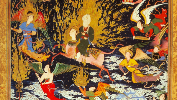 Une miniature persane du xvie siècle célébrant l'ascension de Mahomet aux cieux. © Wikipedia