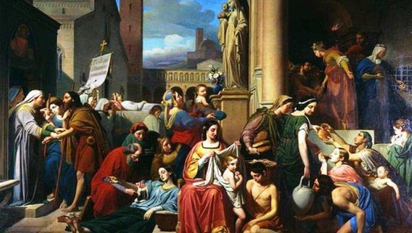 Jean-Louis Bézard, Les sept œuvres de Miséricorde, Vers 1839, Petit Palais de Paris © Wikipedia. On peut remarquer à droite de la composition les oeuvres suivantes : visiter les prisonniers, donner à manger et à boire. À gauche : visiter les malades et accueillir l'étranger. Il s’agit d’une œuvre emplie d'humanité où tous les personnages vivent la miséricorde sous le regard protecteur de la Vierge Marie.
