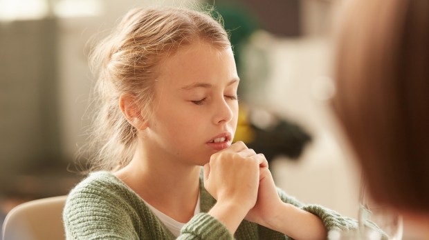 child, girl, pray, table, meal