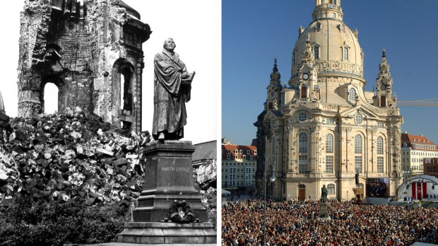 A Dresde, la « Frauenkirche » a été presque entièrement détruite pendant la Seconde Guerre mondiale.