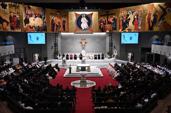 Pope-Francis-holds-an-ecumenical-meeting-and-prayer-for-peace-at-Our-Lady-of-Arabia-Cathedral-in-Awali-AFP