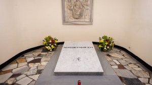 The tomb of late Pope Emeritus Benedict XVI inside the grottos of St. Peter's Basilica