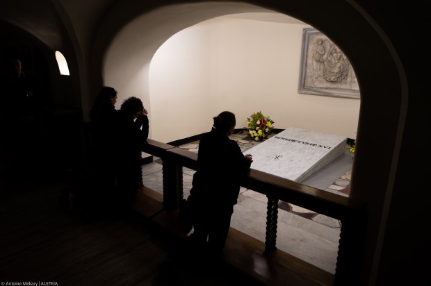 The tomb of late Pope Emeritus Benedict XVI inside the grottos of St. Peter's Basilica