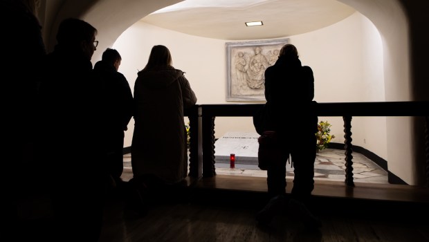 The tomb of late Pope Emeritus Benedict XVI inside the grottos of St. Peter's Basilica