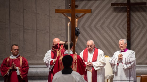 Pope Francis presides over the Passion of the Lord mass on Good Friday in St. Peter's basilica at The Vatican