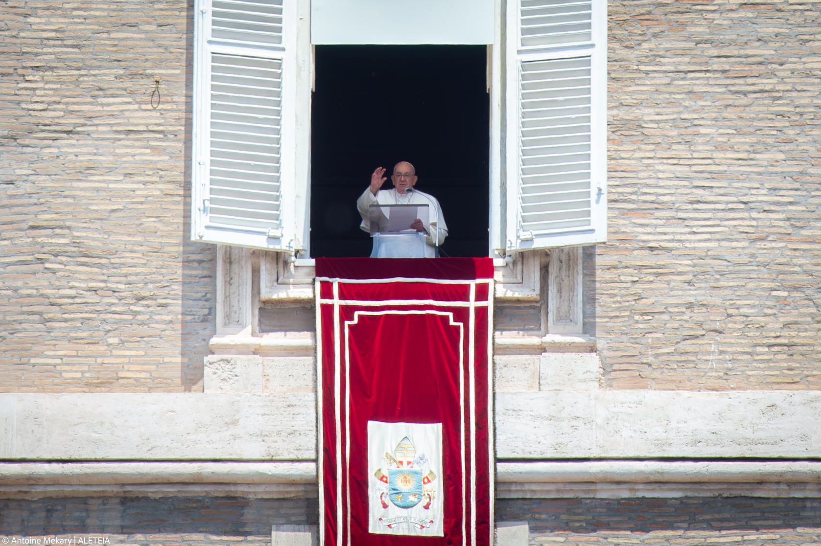 Pope Francis delivers the Regina Coeli prayer on May 28, 2023 from the window of the apostolic palace