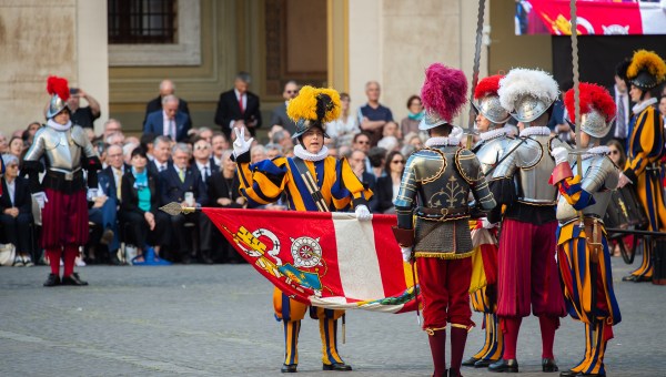 Swiss Guards take part in a swearing-in ceremony in San Damaso Courtyard, Vatican on May 06, 2023