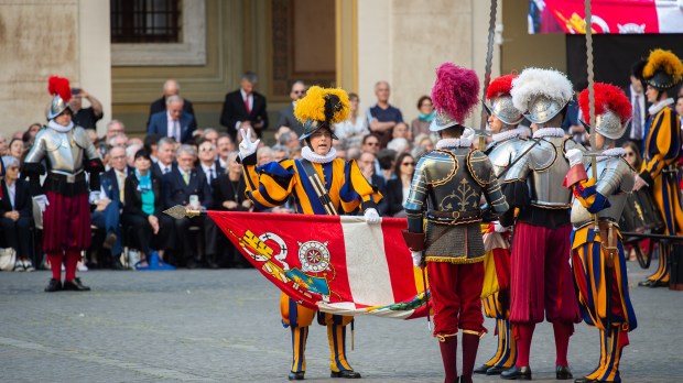 Swiss Guards take part in a swearing-in ceremony in San Damaso Courtyard, Vatican on May 06, 2023