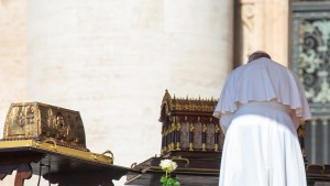 Pope Francis stands by the relics of Saint Therese of Lisieux displayed during the weekly general audience on June 7- 2023