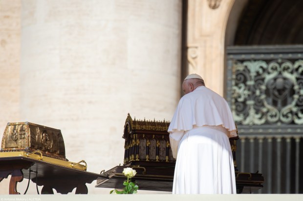 Pope Francis stands by the relics of Saint Therese of Lisieux displayed during the weekly general audience on June 7- 2023