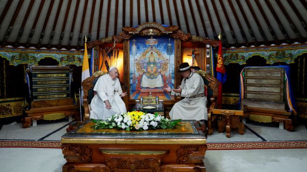 Pope Francis meets with Mongolia's President Ukhnaagiin Khurelsukh during a courtesy visit at the State Palace in Ulaanbaatar