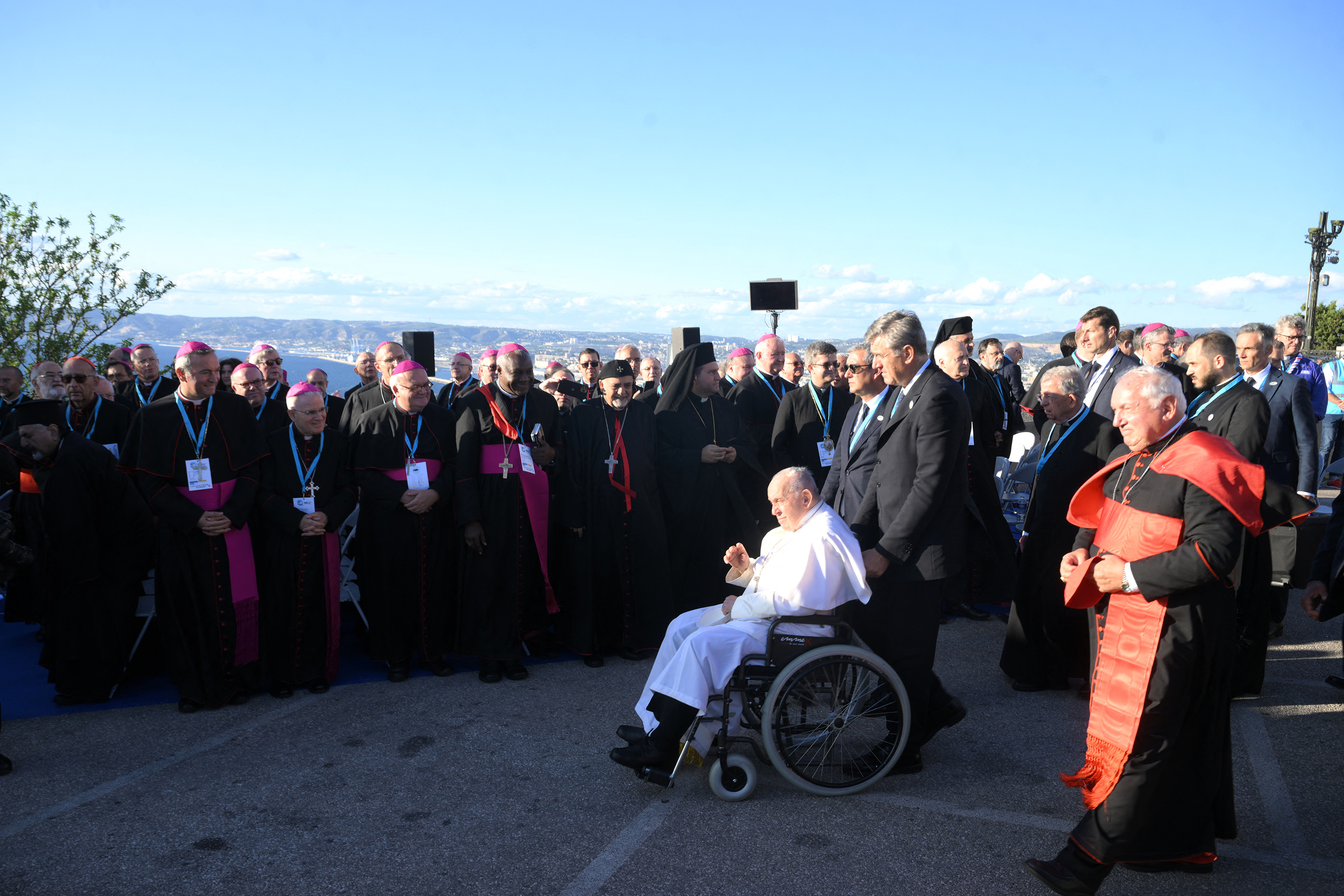 Pope Francis arrives to pay homage at the memorial dedicated to sailors and migrants lost at sea at the Basilica of Notre-Dame de la Garde in Marseille