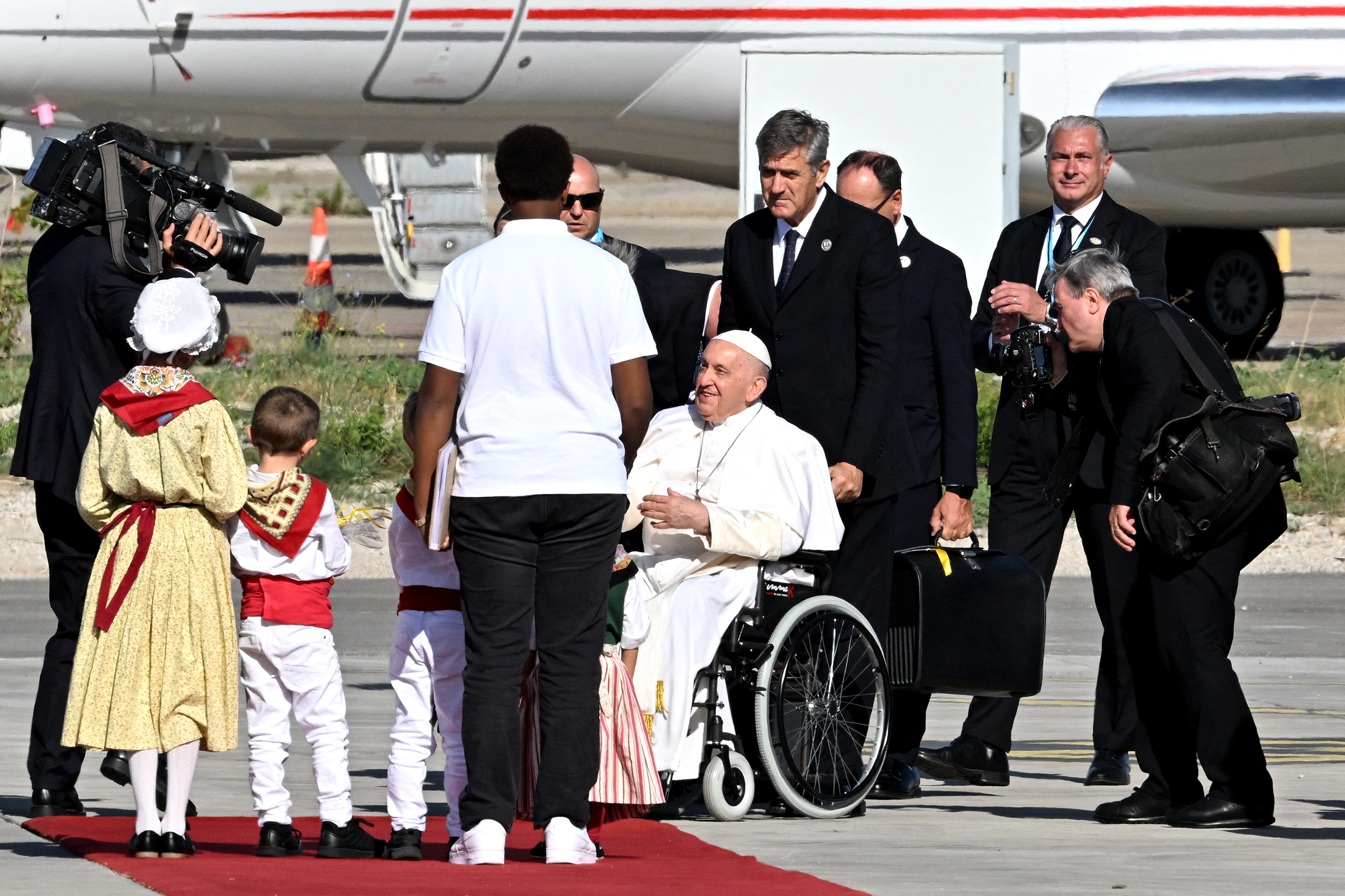 Pope Francis attends the official welcome ceremony upon his arrival at Marseille