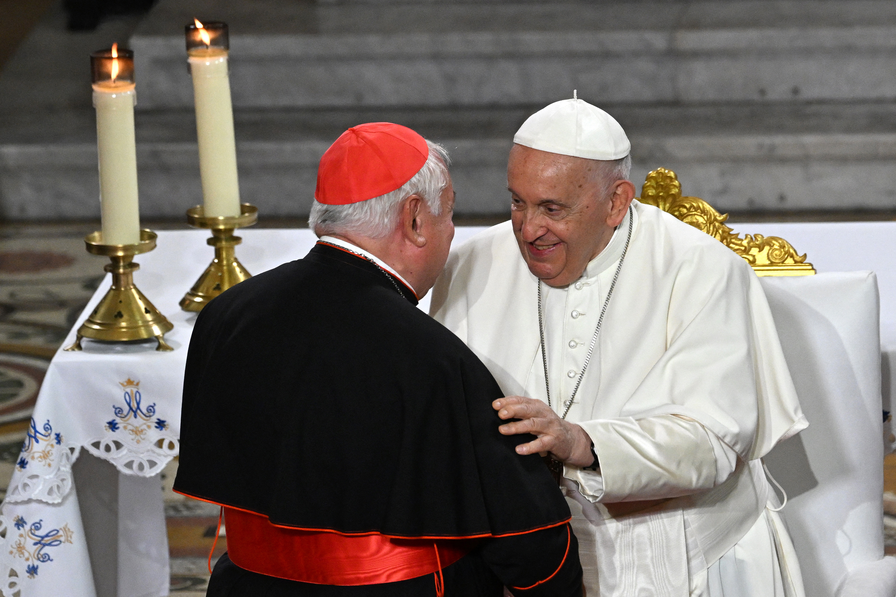 Pope Francis greets Marseille's Archbishop and Cardinal Jean-Marc Aveline