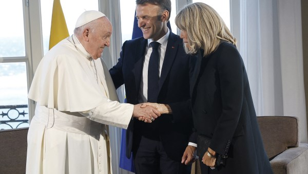 Pope Francis meets French President Emmanuel Macron and his wife Brigitte Macron at the Palais du Pharo, in the southern port city of Marseille