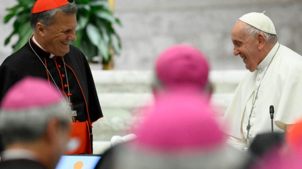 Pope Francis and Cardinal Mario Grech attending the last day of the 16th general assembly of the synod of bishops in The Vatican.