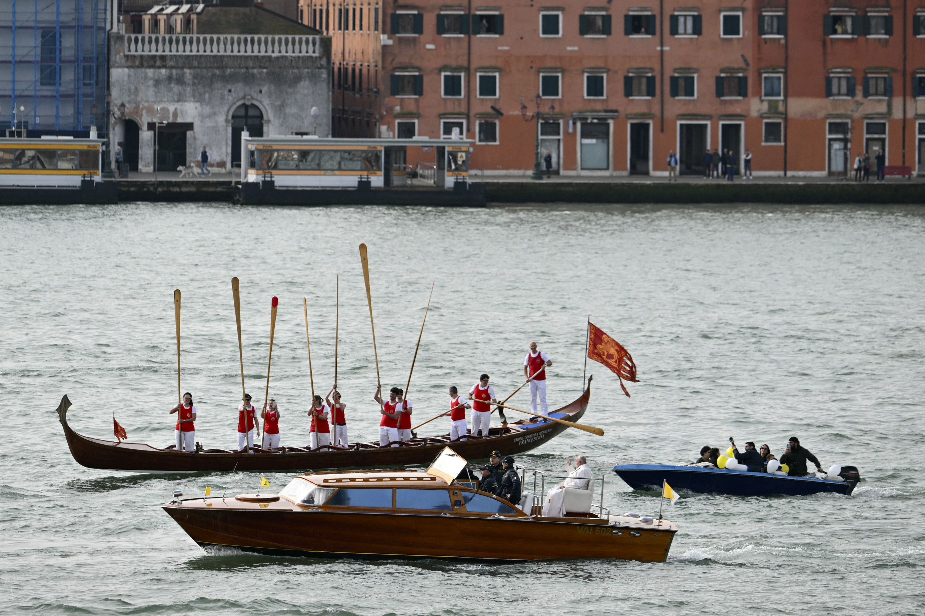 Pope Francis is seen on a boat on April 28, 2024 in Venice