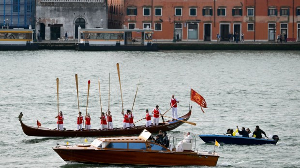 Pope Francis is seen on a boat on April 28, 2024 in Venice