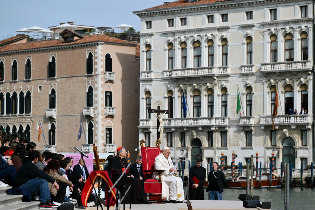 Pope Francis delivers a speech in front of Santa Maria della Salute basilica during a meeting with young people on April 28, 2024 in Venice