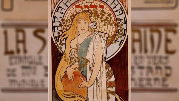 Affiche pour la piece "La Samaritaine" de Edmond Rostand interpretee par Henriette Rosine Bernard dite Sarah Bernhardt (1844-1923) en 1897 au Theatre de la Renaissance. Dessin d'Alphonse Mucha (1860-1939)