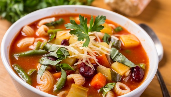 Bowl of Minestrone Soup with Pasta, Beans and Vegetables