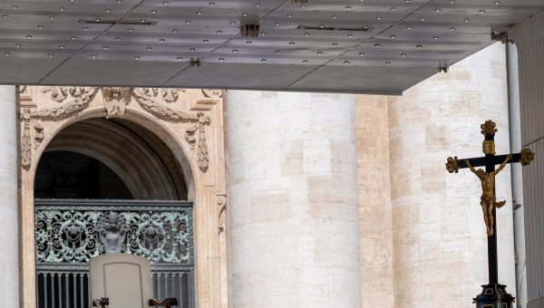 Pope Francis' empty seat is displayed at St. Peter's Square at the end of his weekly audience on May 15, 2024
