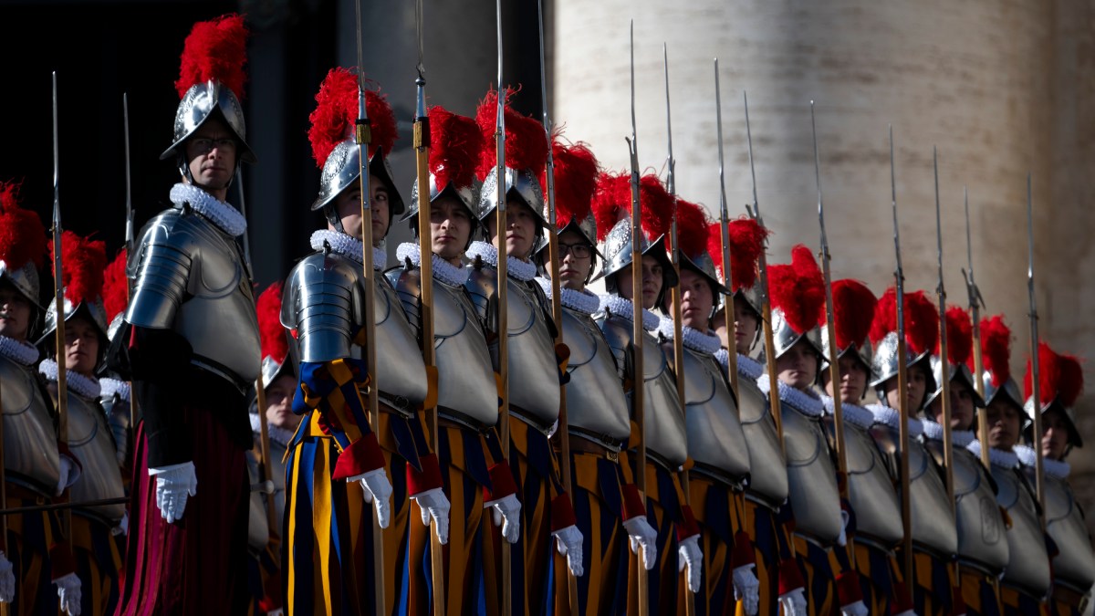Military music bands take position on the parvis of St. Peter's basilica before the Urbi et Orbi blessing of Pope Francis as part of Christmas celebrations, at St Peter's square in the Vatican on December 25, 2024.
