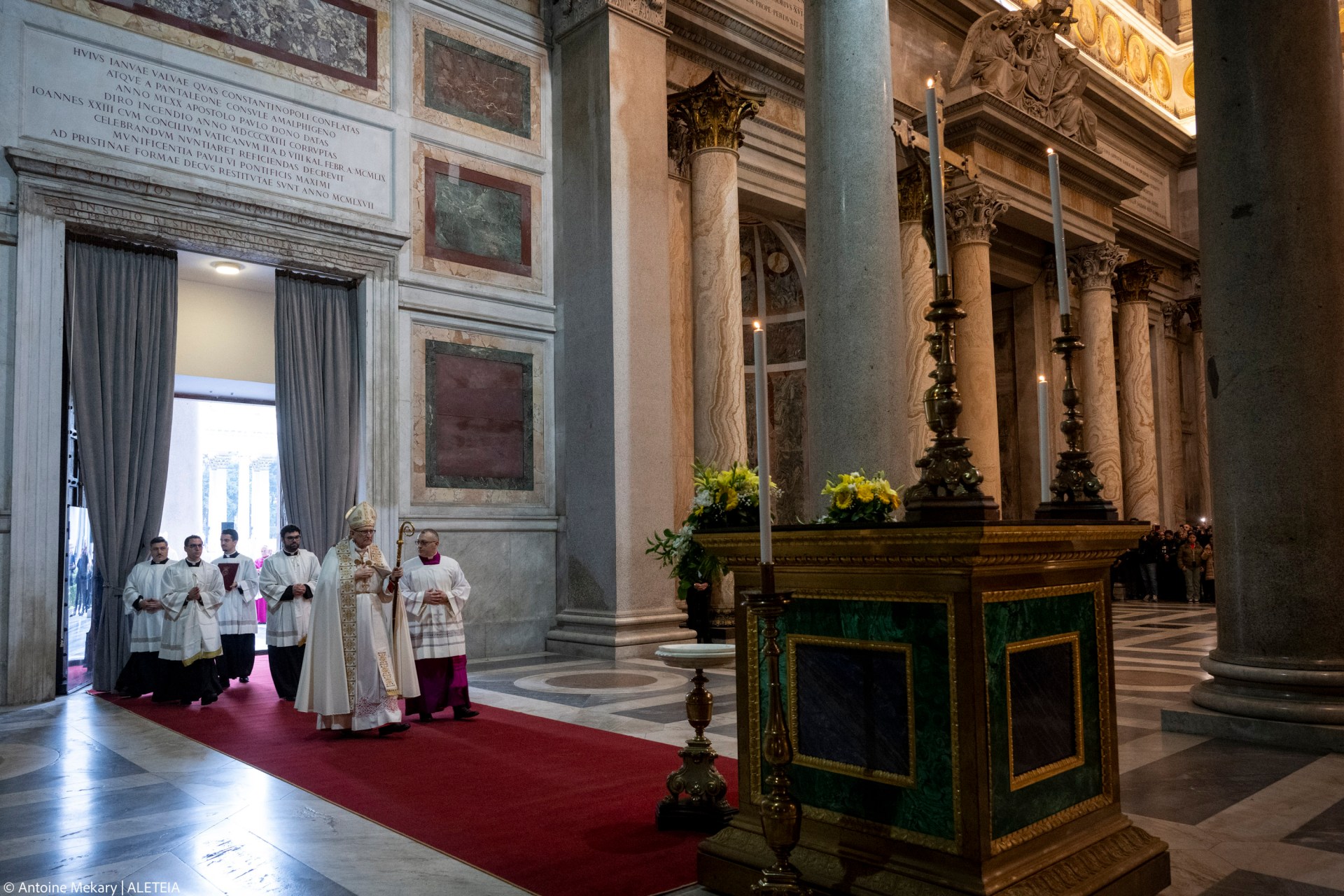 Cardinal James Michael Harvey opens the Holy Door of the Basilica of Saint Paul Outside the Walls during a ceremony for the Catholic Jubilee Year, in Rome on January 5, 2025