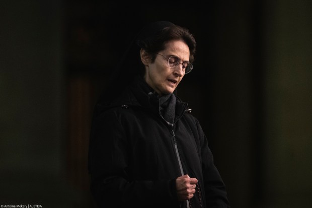 Governor of the State of Vatican City, Sister Raffaella Petrini prays in St. Peter's Square, at the Vatican, during a vigil rosary for the recovery of Pope Francis, at the Vatican, Saturday, March 15, 2025.