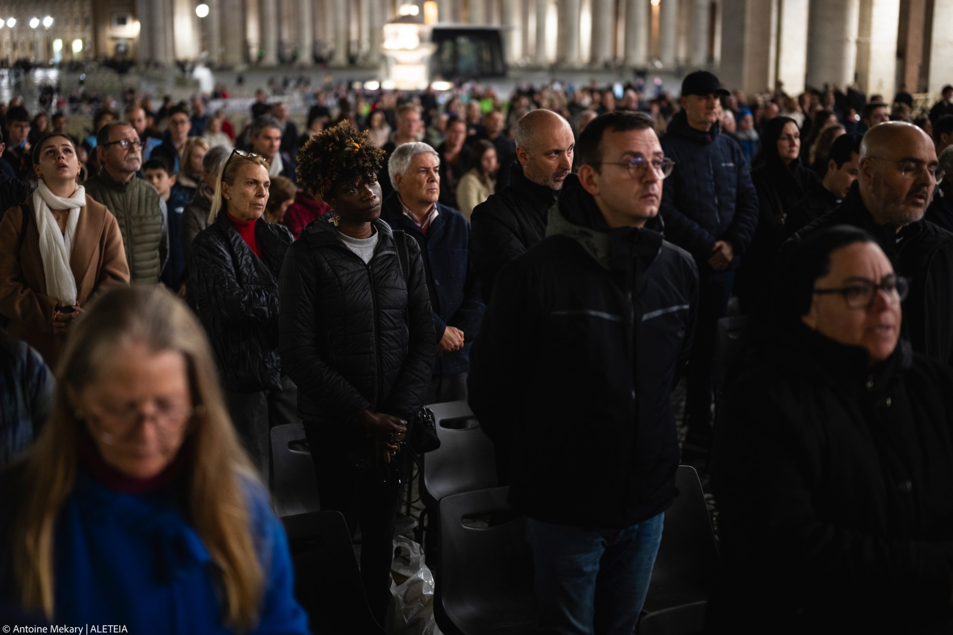 Faithful pray in St. Peter's Square, at the Vatican, during a vigil rosary for the recovery of Pope Francis, Saturday, March 15, 2025.