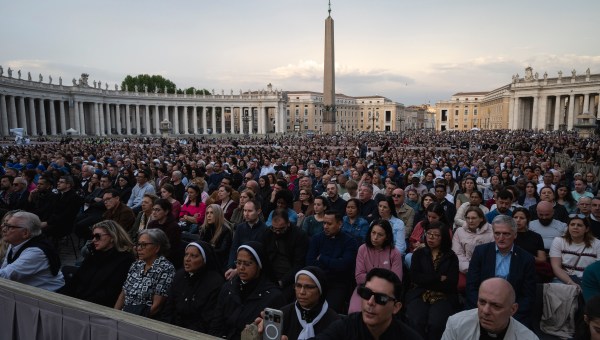 Devotees attend a Rosary in homage to Pope Francis following his death in Saint Peter's Square, the Vatican, on April 21, 2025