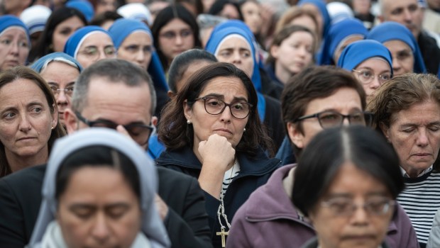 Devotees attend a Rosary in homage to Pope Francis following his death in Saint Peter's Square, the Vatican, on April 21, 2025