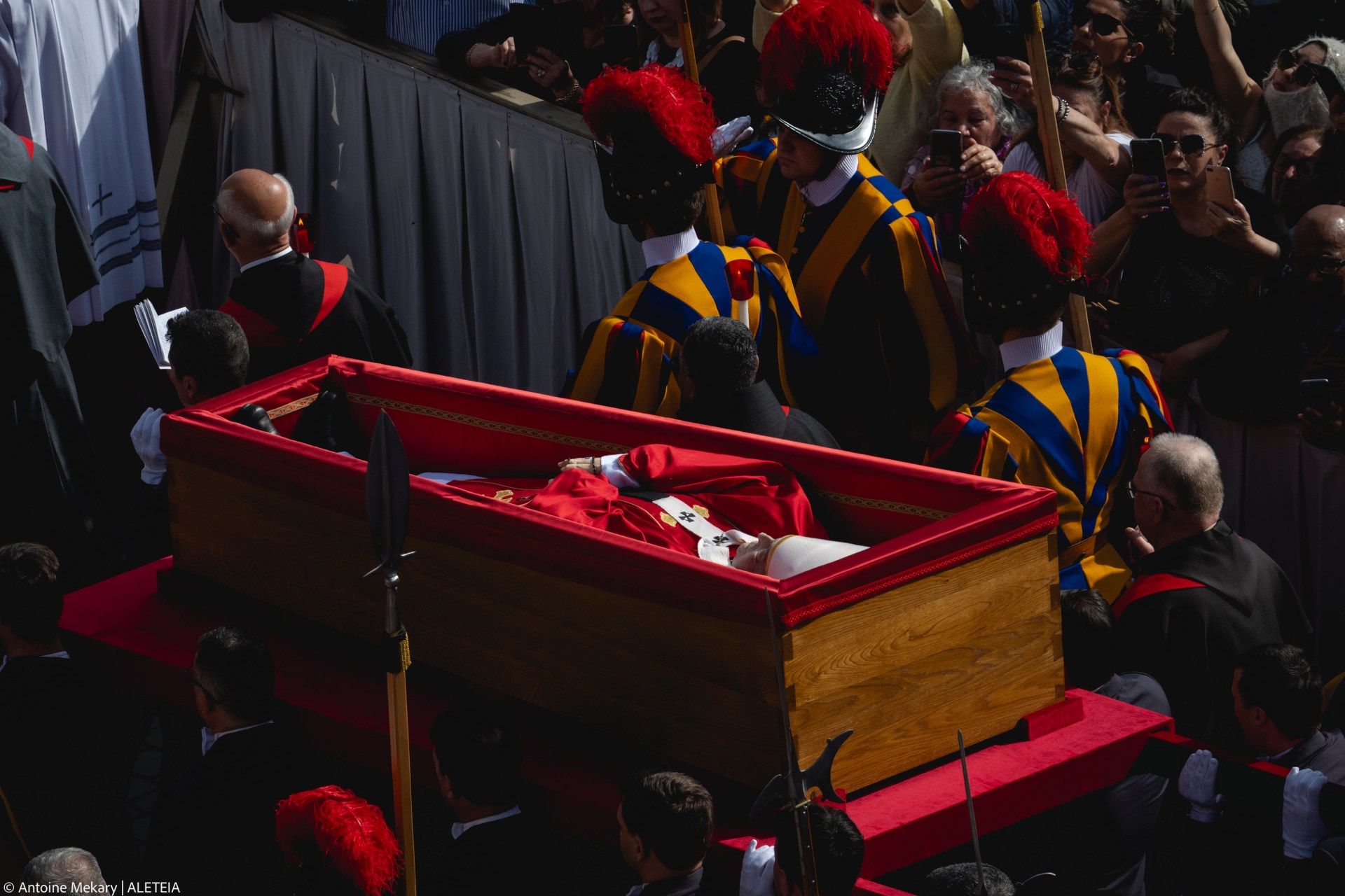 Pallbearers carry the coffin of the late Pope from the chapel of Santa Marta to St. Peter's Basilica in the Vatican on April 23, 2025.