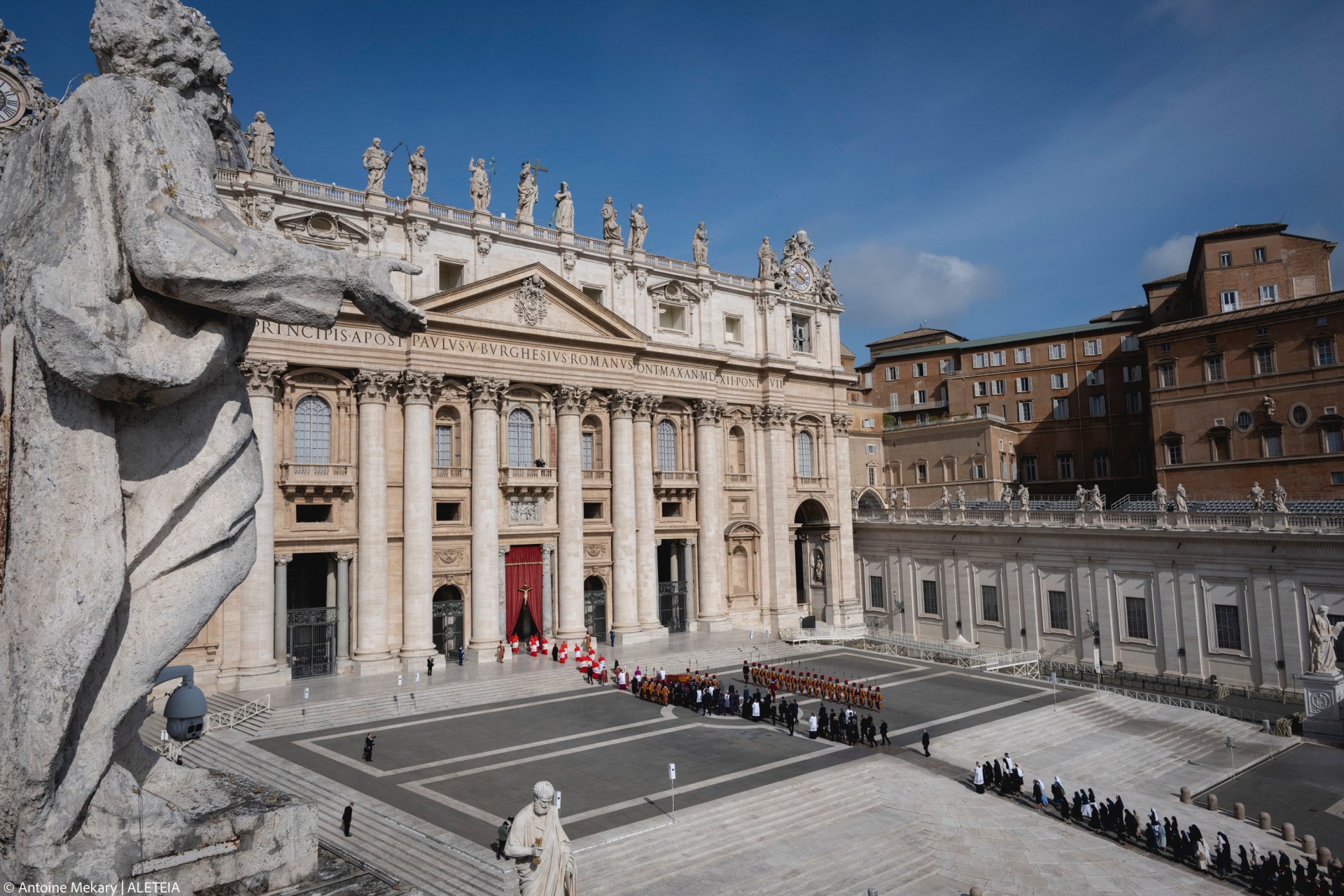 Pallbearers carry the coffin of the late Pope from the chapel of Santa Marta to St. Peter's Basilica in the Vatican on April 23, 2025.