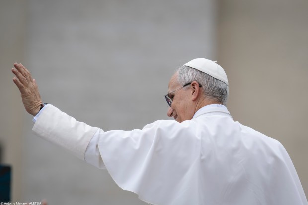 Pope Leo XIV is pictured at the end of his first weekly general audience at St Peter's Square in The Vatican on May 21, 2025.