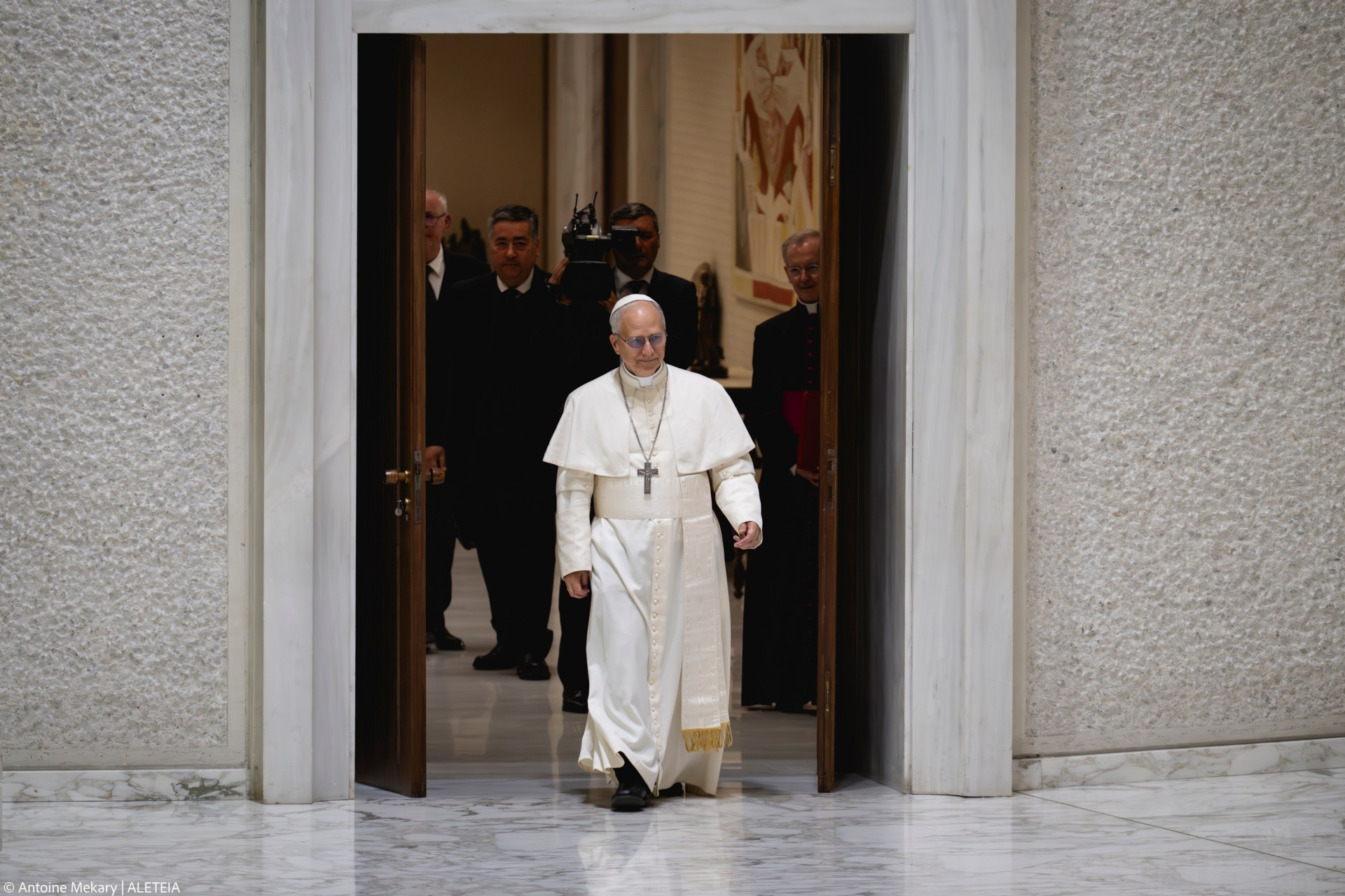 Pope Leo XIV during his audience with media representatives at the Paul VI Hall in the Vatican, on May 12, 2025.