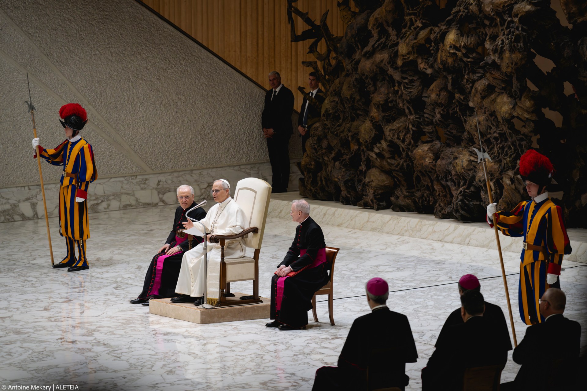 Pope Leo XIV during his audience with media representatives at the Paul VI Hall in the Vatican, on May 12, 2025.