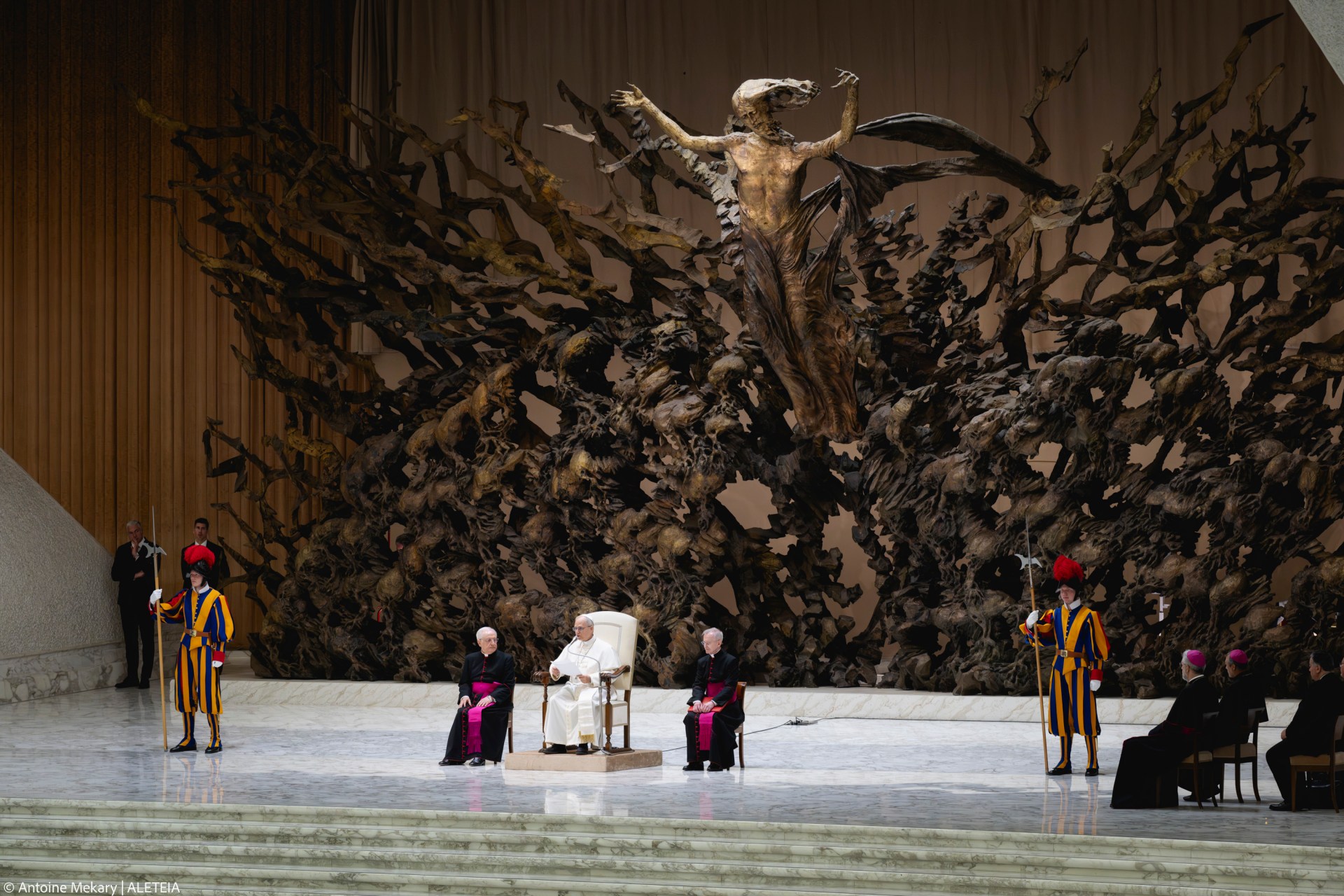 Pope Leo XIV during his audience with media representatives at the Paul VI Hall in the Vatican, on May 12, 2025.