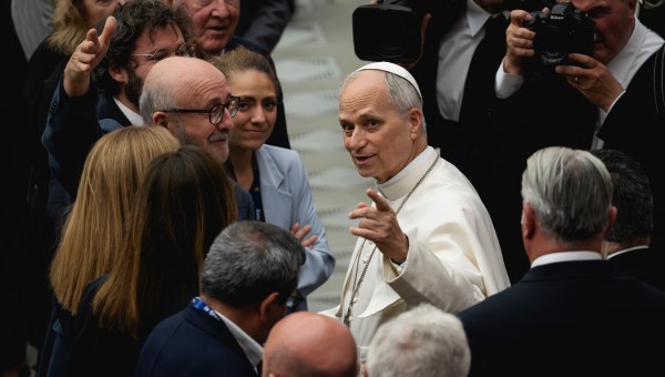 Pope Leo XIV during his audience with media representatives at the Paul VI Hall in the Vatican, on May 12, 2025.