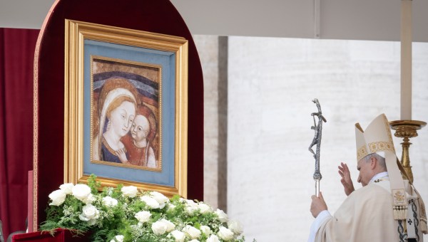 Pope Leo XIV delivers the Regina Caeli prayer after a Holy Mass for the Beginning of his Pontificate, in St Peter's square in The Vatican on May 18, 2025.