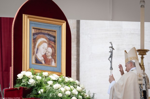 Pope Leo XIV delivers the Regina Caeli prayer after a Holy Mass for the Beginning of his Pontificate, in St Peter's square in The Vatican on May 18, 2025.