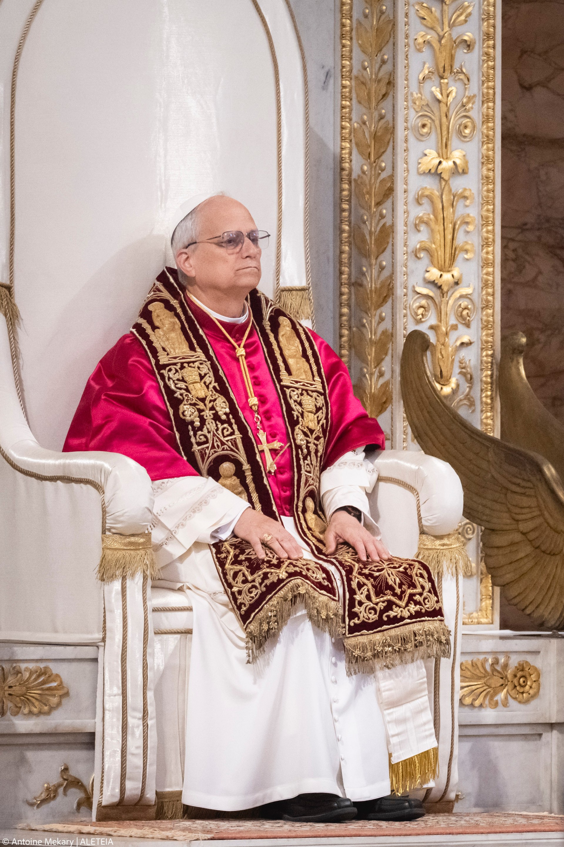 Pope Leo XIV visits the Tomb of St. Paul at the Basilica of Saint Paul outside the Walls in Rome on May 20, 2025