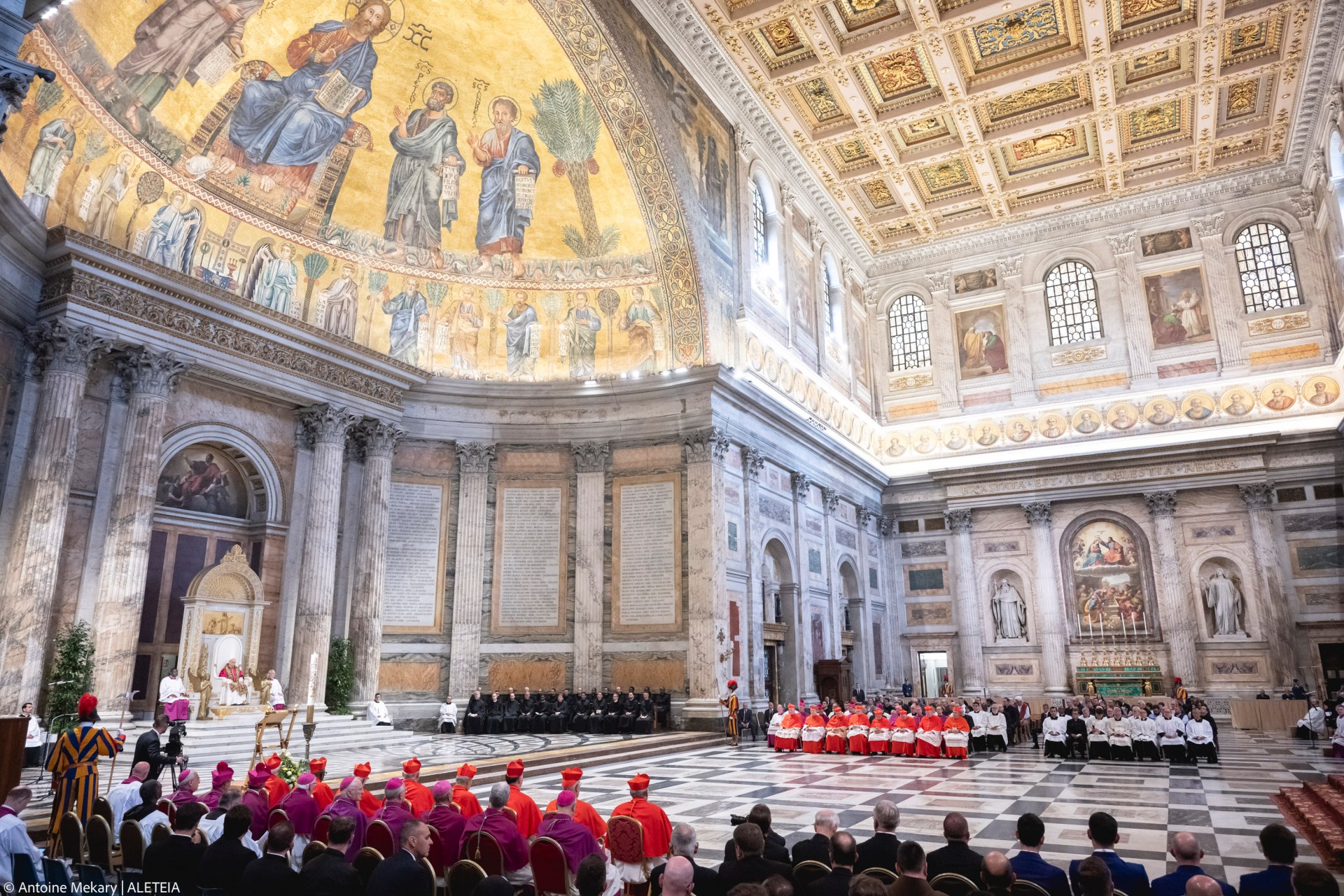 Pope Leo XIV visits the Tomb of St. Paul at the Basilica of Saint Paul outside the Walls in Rome on May 20, 2025