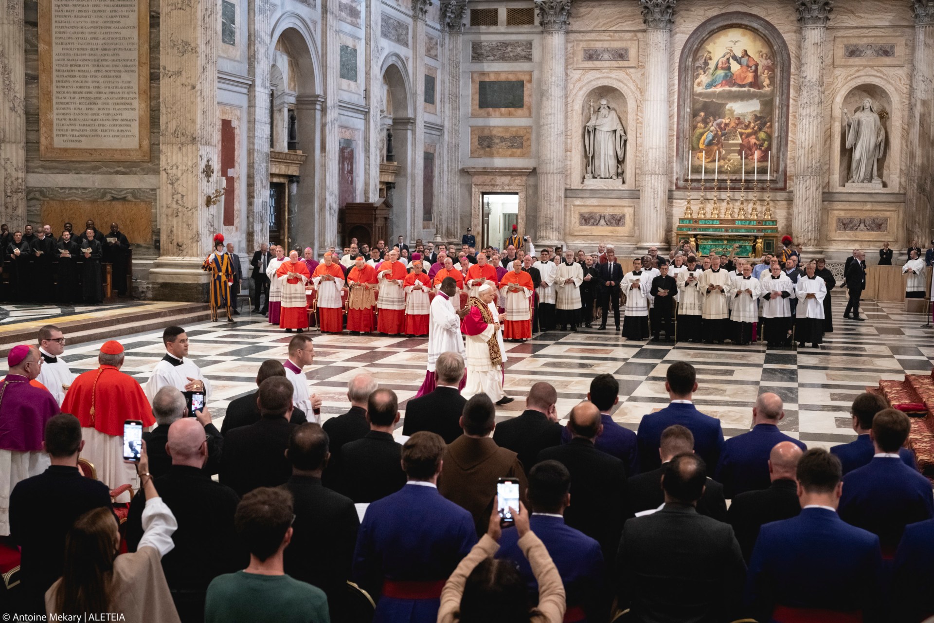 Pope Leo XIV visits the Tomb of St. Paul at the Basilica of Saint Paul outside the Walls in Rome on May 20, 2025