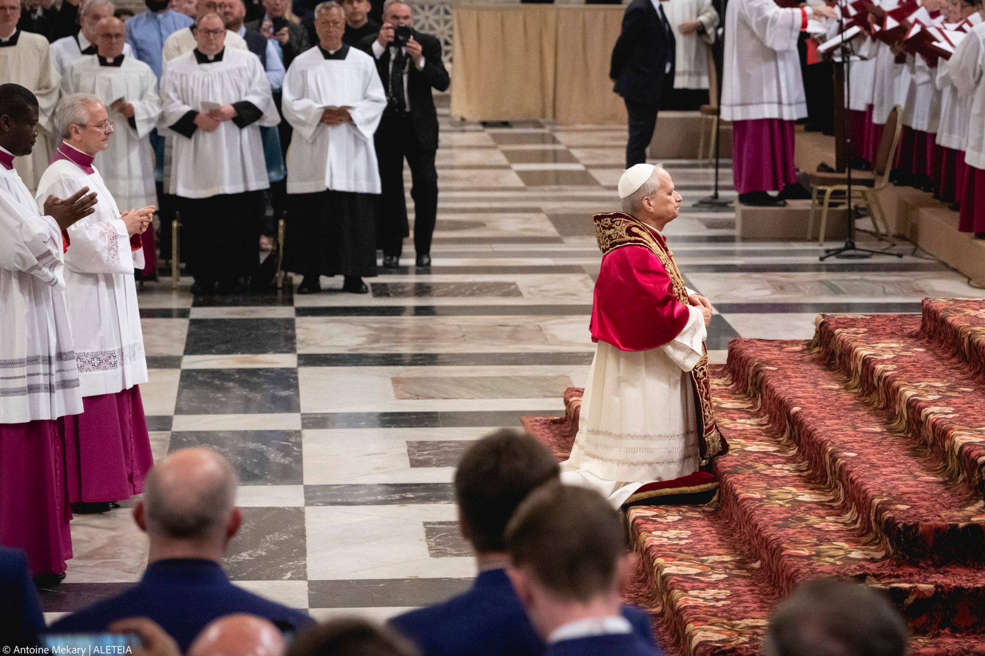 Pope Leo XIV visits the Tomb of St. Paul at the Basilica of Saint Paul outside the Walls in Rome on May 20, 2025