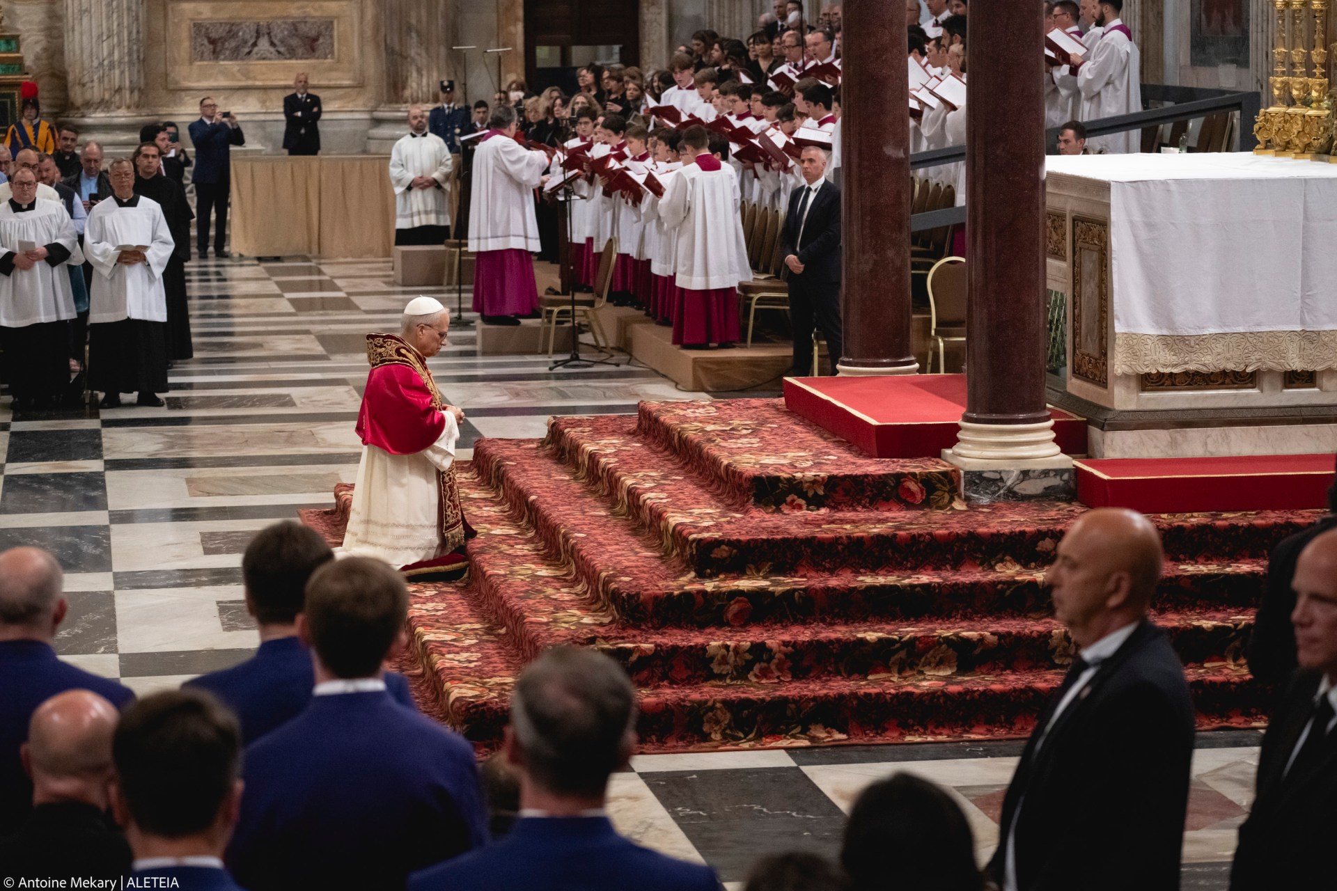Pope Leo XIV visits the Tomb of St. Paul at the Basilica of Saint Paul outside the Walls in Rome on May 20, 2025